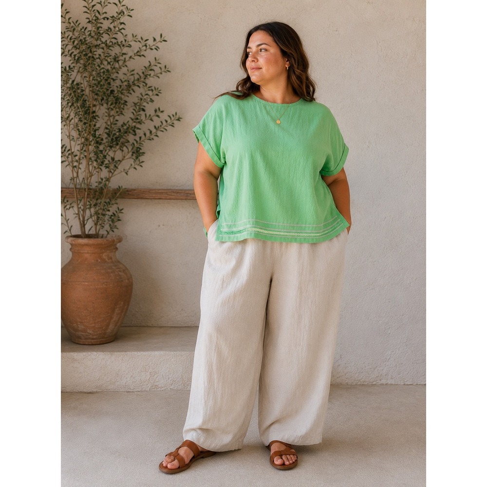 Flax 100% Linen Short Sleeve Scoop‎ Neck Oversized Blouse Top Lime Green 1G XL